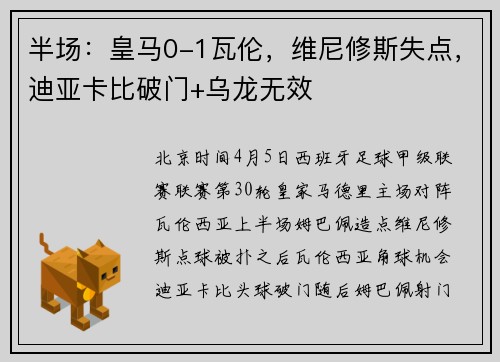 半场：皇马0-1瓦伦，维尼修斯失点，迪亚卡比破门+乌龙无效