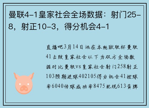 曼联4-1皇家社会全场数据：射门25-8，射正10-3，得分机会4-1