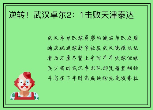 逆转！武汉卓尔2：1击败天津泰达